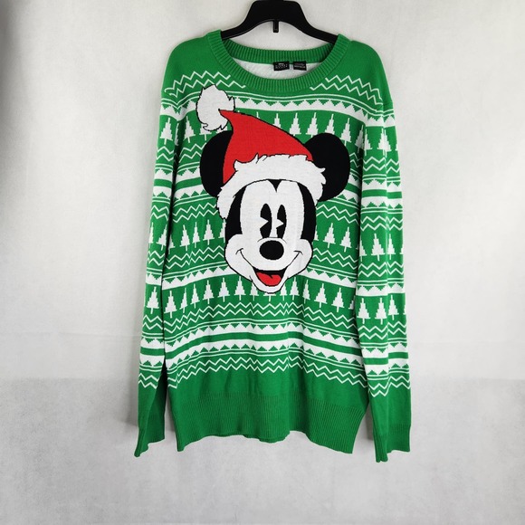 Disney Sweaters - Mickey Mouse Holiday Christmas Sweater Size Medium Santa Hat Green w/ Trees